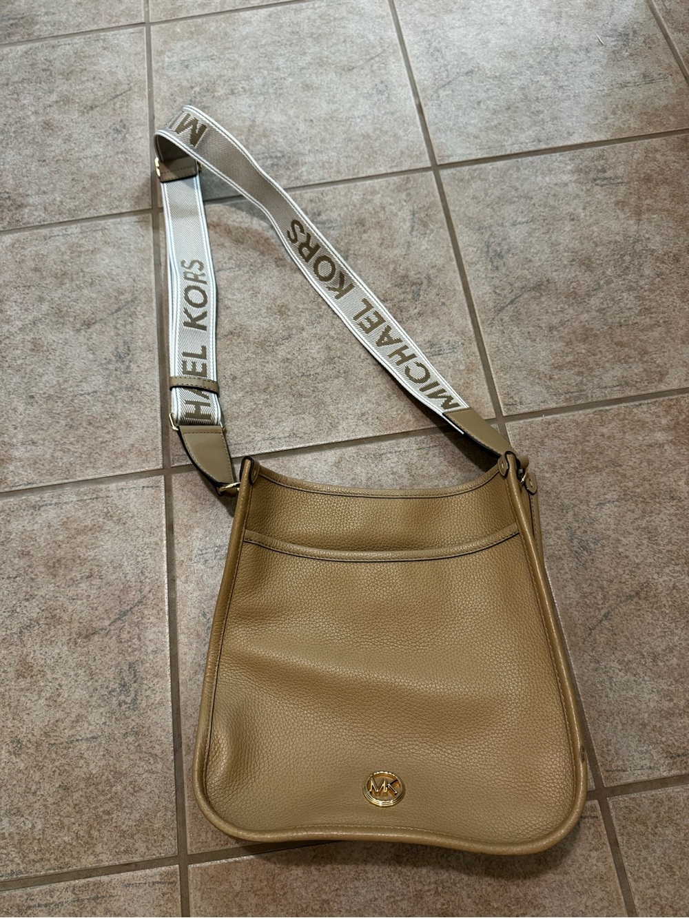 Michael Kors Beige/Tan Pebbled Leather Crossbody with Branded Strap